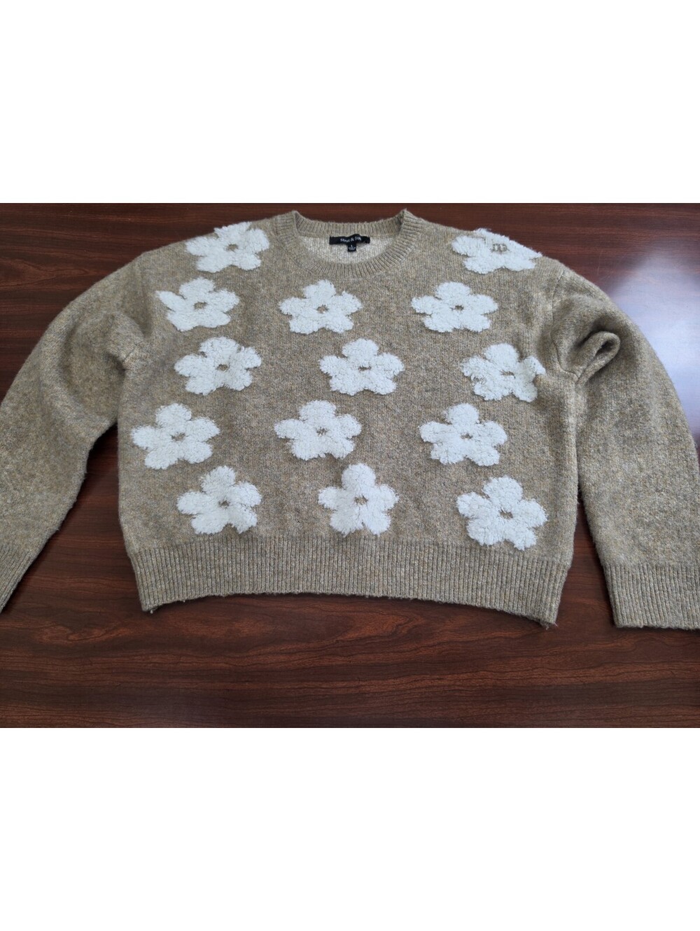 Strut & Bolt Fuzzy Floral Applique Sweater Large Tan Daisy Coquette Preppy Chic